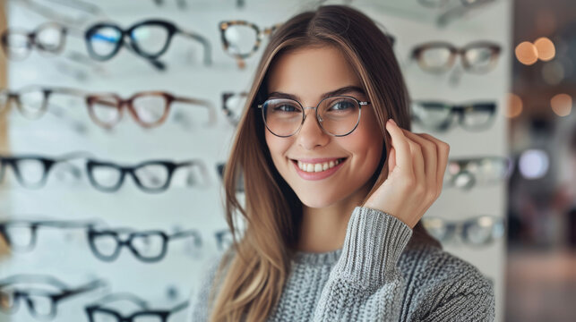 A smiling woman tries on glasses, standing in front of a display of various eyeglass frames in an optometry shop.