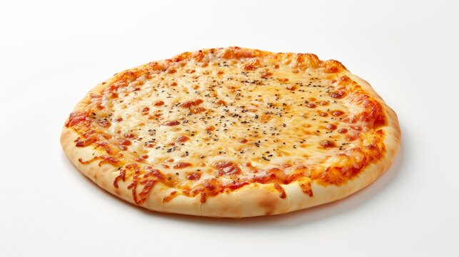 Photograph a delicious flat pizza on a white background, perfect for showcasing a brand or message