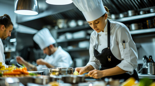 A focused chef in professional attire is attentively plating a dish in a busy commercial kitchen with a colleague working in the background.
