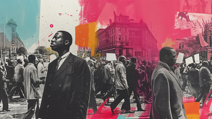 Some protesters conceal themselves behind masks to avoid recognition. A thought-provoking collage juxtaposing images of civil rights protests and modern-day activism - obrazy, fototapety, plakaty