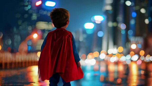 Back view of little boy in superhero costume looking at city at night