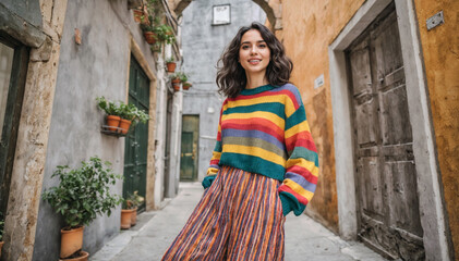 Smiling Woman in Colorful Striped Sweater on Rustic Street