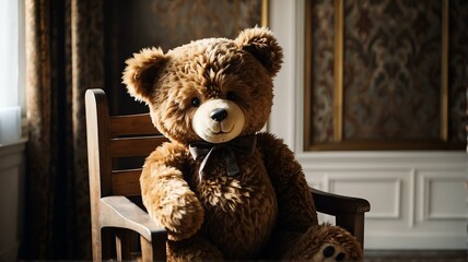 A large brown teddy bear on a chair from Generative AI