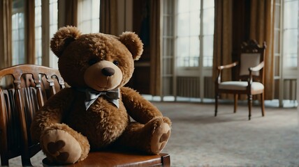 A large brown teddy bear on a chair from Generative AI