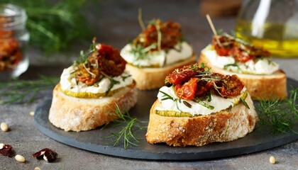 Italian bruschetta bread with cream cheese, zucchini and dried tomato with herbs. Canape with ricotta cheese