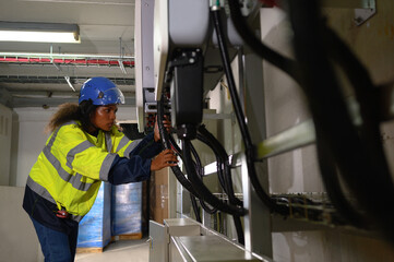 female technician Check the solar inverter panels in the electrical room. Service engineer installs...