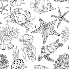 Seamless outline underwater pattern.