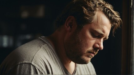 Depressed overweight white man looking down from Generative AI