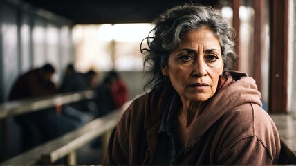 Lonely middle aged hispanic woman looking sad at the camera on a homeless shelter from Generative AI - obrazy, fototapety, plakaty