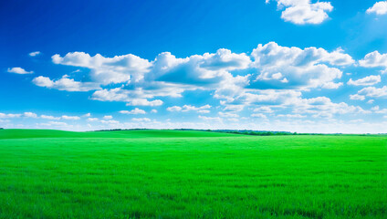 Fototapeta premium meadow, grassland, landscape,agriculture,lawn, field, sky, cloud, flower, nature, spring,Background image of a vast green field under a bright blue sky. bright green grass Receives light well The ba