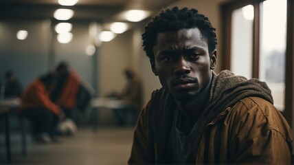Lonely young black african man looking sad at the camera on a homeless shelter from Generative AI - obrazy, fototapety, plakaty