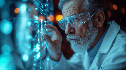 Senior medical professional analyzes virtual patient scan with precision