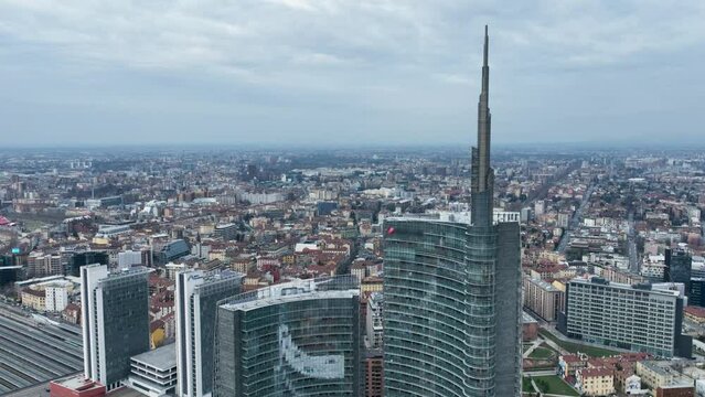 Aerial view of the skyline of a modern cityscape of business skyscrapers 