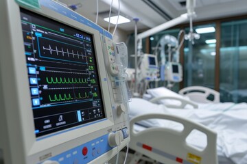 Hospital room with advanced medical equipment and digital monitoring interfaces.