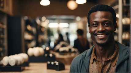 Portait of a smiling confident retail store owner black african man looking at camera from Generative AI - obrazy, fototapety, plakaty