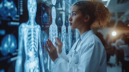 Doctor examines virtual patient skeleton scan on digital screen at clinic