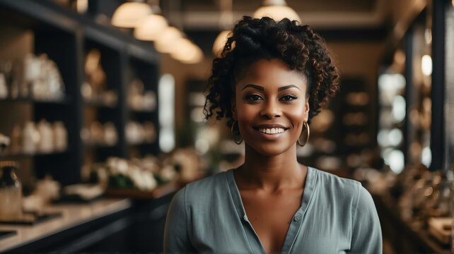 Portait Of A Smiling Confident Retail Store Owner Black African Woman Looking At Camera From Generative AI