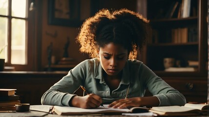 Portait of a stressed black african teenager girl doing homework from Generative AI - obrazy, fototapety, plakaty