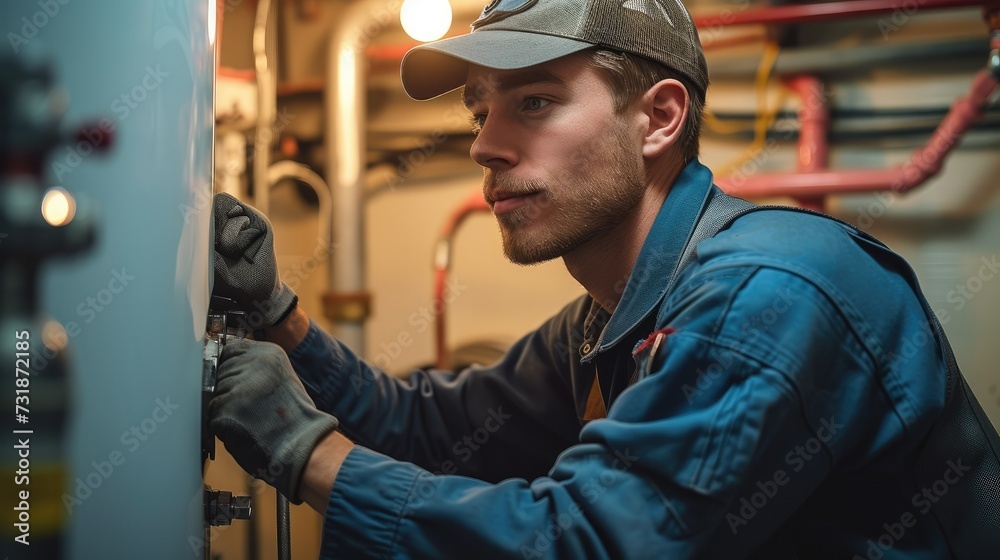 Poster a plumber fixing a water heater. generative ai.