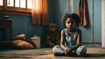 Unhappy young black african child kid girl sitting on the floor in corner of house from Generative AI