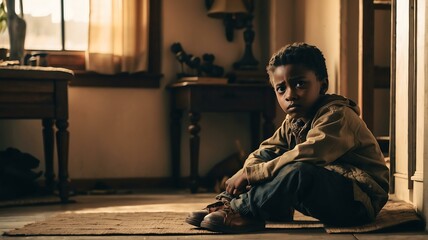 Fototapeta premium Unhappy young black african child kid boy sitting on the floor in corner of house from Generative AI