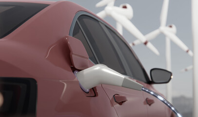 Concept green energy. Red car at charging on the background of a windmills. Charging electric car. Electric car charging on wind turbines background. Vehicles using renewable energy.