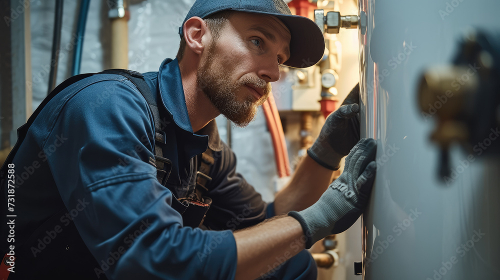 Poster a plumber fixing a water heater. generative ai.