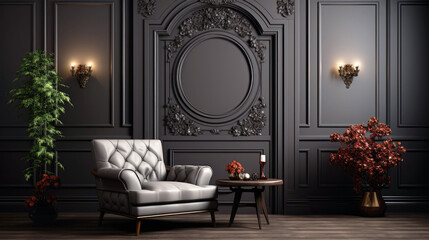 Classic living room interior design in dark colors.	