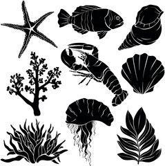 Vector sea creatures Silhouettes set.
