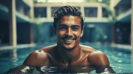 Young handsome man swimming in pool smiling at camera from Generative AI - obrazy, fototapety, plakaty