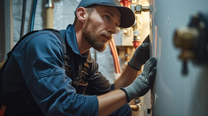 A plumber fixing a water heater. Generative AI. - obrazy, fototapety, plakaty
