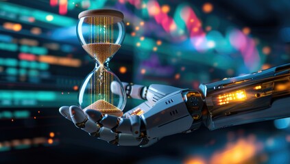 Robot hand holding hourglass with binary code - obrazy, fototapety, plakaty