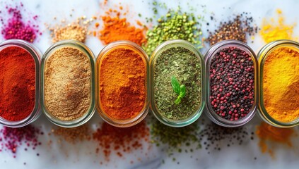 Variety of colorful spices and herbs in glass jars