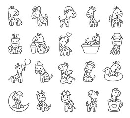 Cute kawaii happy giraffe. Coloring Page. Cartoon funny animals characters. Hand drawn style. Vector drawing. Collection of design elements.