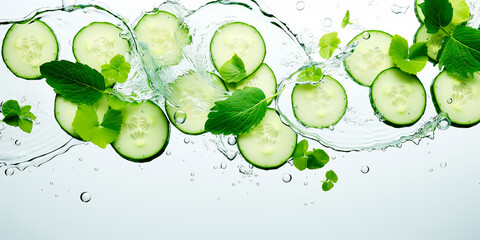 Sliced cucumbers with mint leaves float in water. Freshness