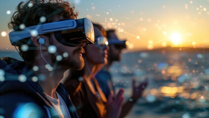 Low angle view of young couple using virtual reality headset against sunset over sea