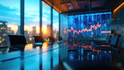 Business conference room with panoramic city view and stock market chart