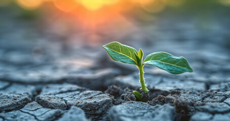 A resilient green sapling emerges from the parched, cracked ground, symbolizing hope and renewal amid adversity.