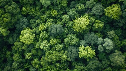 Aerial view of green trees in forest. Nature landscape background.