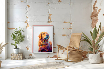 Design a chic and stylish room image. Decorated with beautiful picture frames and paintings.