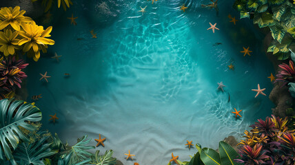 Tropical turquoise lagoon background with star fishes and tropical fishes framed by tropical lush vegetation and plants. 