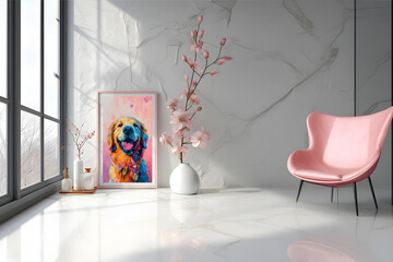 Design a chic and stylish room image. Decorated with beautiful picture frames and paintings.