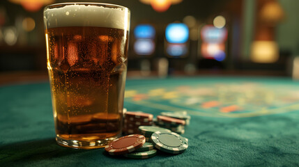 Cinematic wide angle photograph of a beer pint glass on a poker table. Product photography. Advertising. - obrazy, fototapety, plakaty