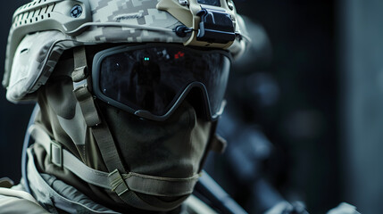 Close-up shots of modern military helmets and protective gear