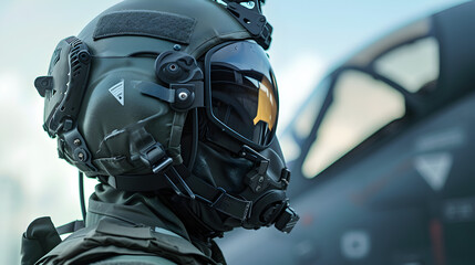 Close-up shots of modern military helmets and protective gear