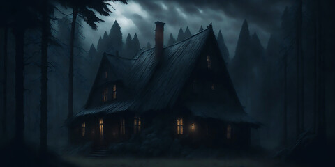 Mystical house in the forest. Rainy weather, gloomy atmosphere