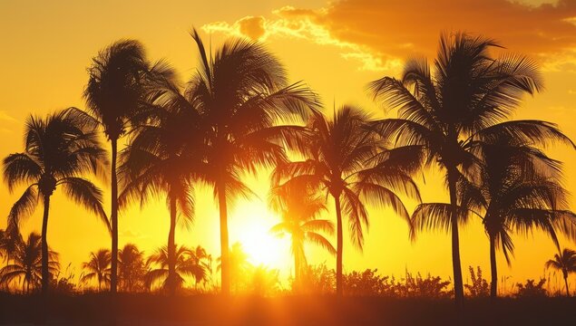 Silhouette of palm trees against a golden sunset on a tropical beach