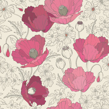 Vintage pattern with poppy flowers © mirifadapt