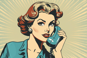 vintage half-tone comic illustration of a woman talking on the telephone