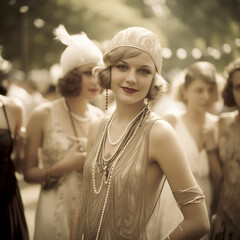 photo of a 1920s flapper woman wearing a feather hat at a gatsby lawn party